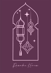 Ready-to-print poster (card) on the theme of Ramadan celebrations in deep, rich colors. Arabic motifs depicted in linear silhouettes on a colored background are suitable for posters, cards, branding,
