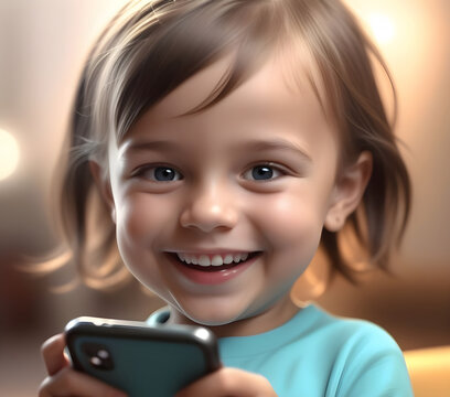 Child playing with cell phone. Fun and fun image of a child generated by AI.
