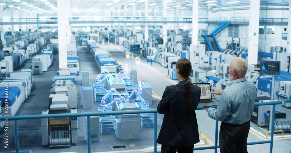 Poster Male and Female Standing at Electronics Factory, Using Computer and Having a Conversation. Augmented Reality Visualization of a Conveyor Belt Production Line with Robot Arms Appears In Front of Them