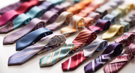 Various colorful tie in a neat row on a white background
