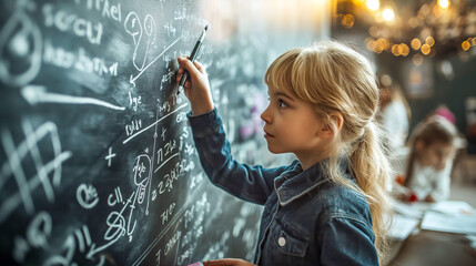 Young Girl Solving Math Problems on Chalkboard in Classroom
