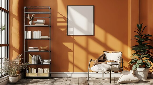 A mockup poster blank frame hanging on a warm caramel feature wall, above a minimalist metal book rack, Minimalist-style living area