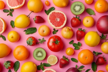 Assorted fresh fruits and vegetables on pink background, top view, flat lay, healthy eating concept - Powered by Adobe