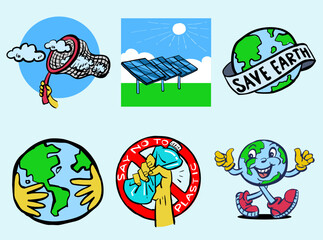 Green Energy, Solar and Earth Sticker Vector Illustration