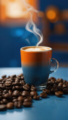 Creative coffee concept in blue and orange colors. Cup of coffee on a creative background.