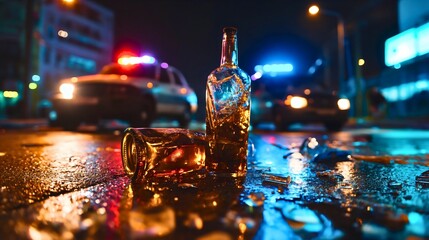 Glass bottles of alcohol drinks on the road, police car with lights on the city street at night. Dangerous collision, driving disaster, transportation incident or drunk man crime. Anger,violence,fight