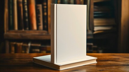 Blank white book cover mockup, closeup photography, standing on the wooden table. Empty hardcover...