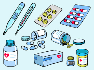 Medical Items Set. Thermometer, Medication Jars, Pills, Capsule, Drug box packaging