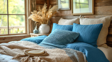 Bed with blue and beige pillows and bedspreads. Interior design of a modern bedroom in a country house