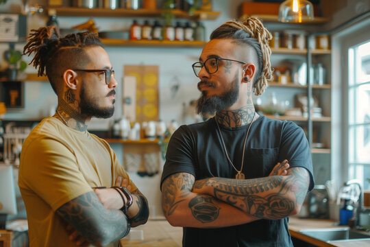 consulting with a tattoo artist in a modern, stylish tattoo studio small business concept
