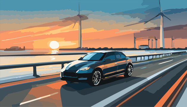 Car on the road in the sunset. Ai generated