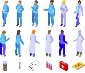 Medic student icons set isometric vector. Health character. Staff medicine people