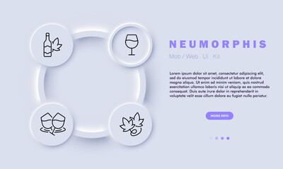 Degustation line icon. Wine tasting, sophistication, glass, blend, grapes, bottle, leaves. Neomorphism style. Vector line icon for business and advertising