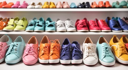 Various colorful shoes in a neat row on a white background
