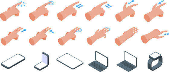 Drag drop icons set isometric vector. Touch hand screen. Digital moving