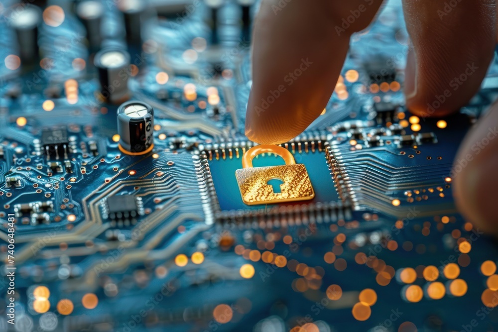 Poster finger touching key icon on circuit board symbolizing advanced security in digital technology concep