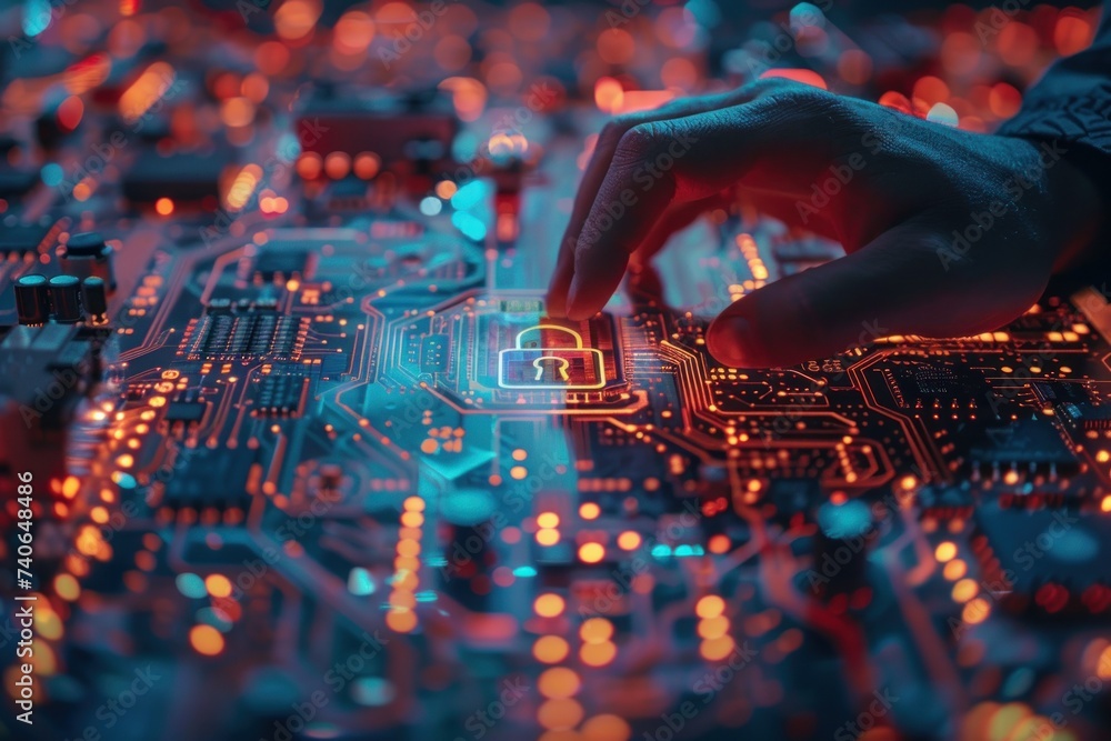 Poster finger touching key icon on circuit board symbolizing advanced security in digital technology concep