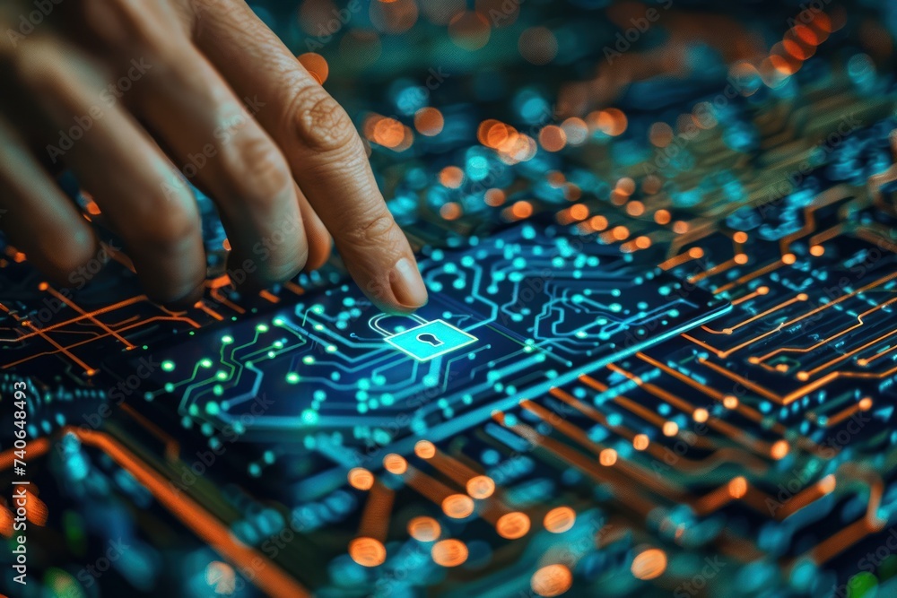 Poster finger touching key icon on circuit board symbolizing advanced security in digital technology concep