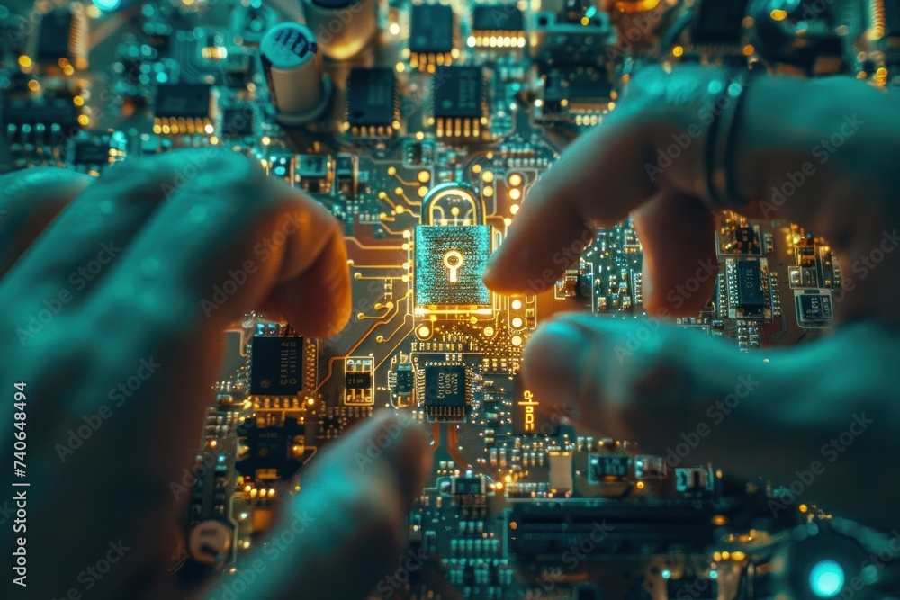 Poster finger touching key icon on circuit board symbolizing advanced security in digital technology concep