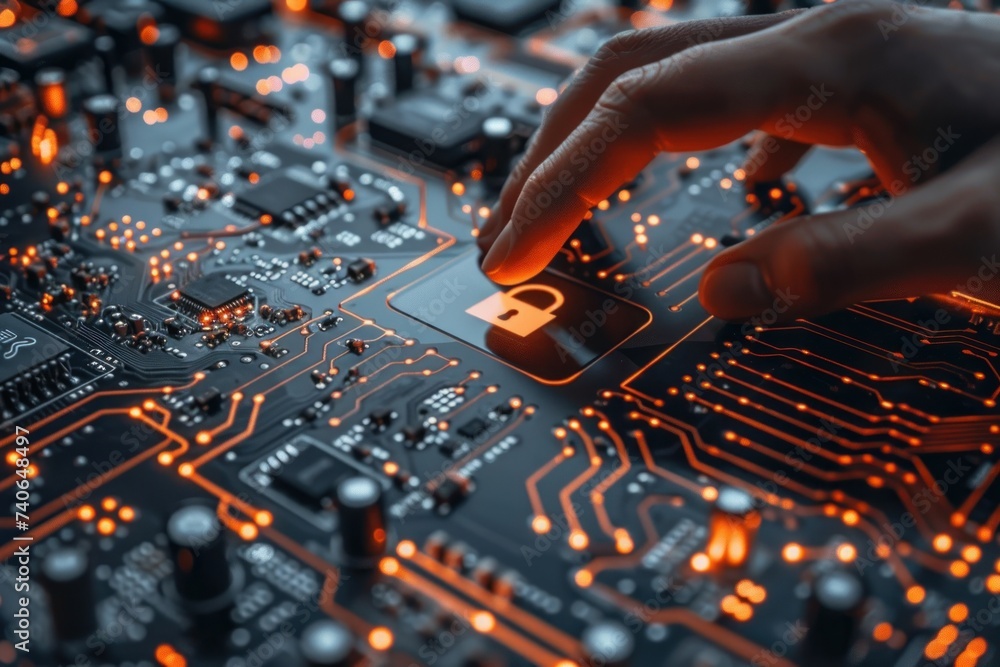 Poster finger touching key icon on circuit board symbolizing advanced security in digital technology concep