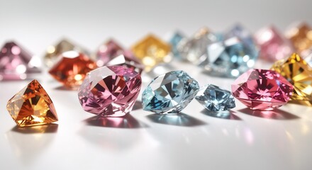 Various colorful diamonds sparkle in white background