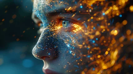 Fotobehang Human Face Merging with AI and Neuralink Genetics Mutant © digitaldab