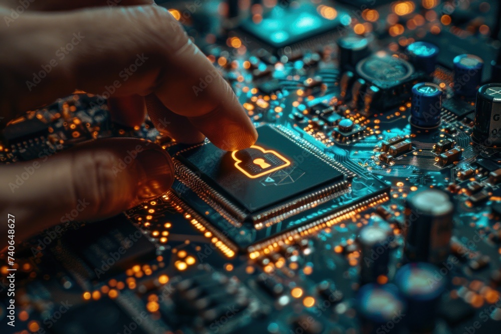 Poster finger touching key icon on circuit board symbolizing advanced security in digital technology concep