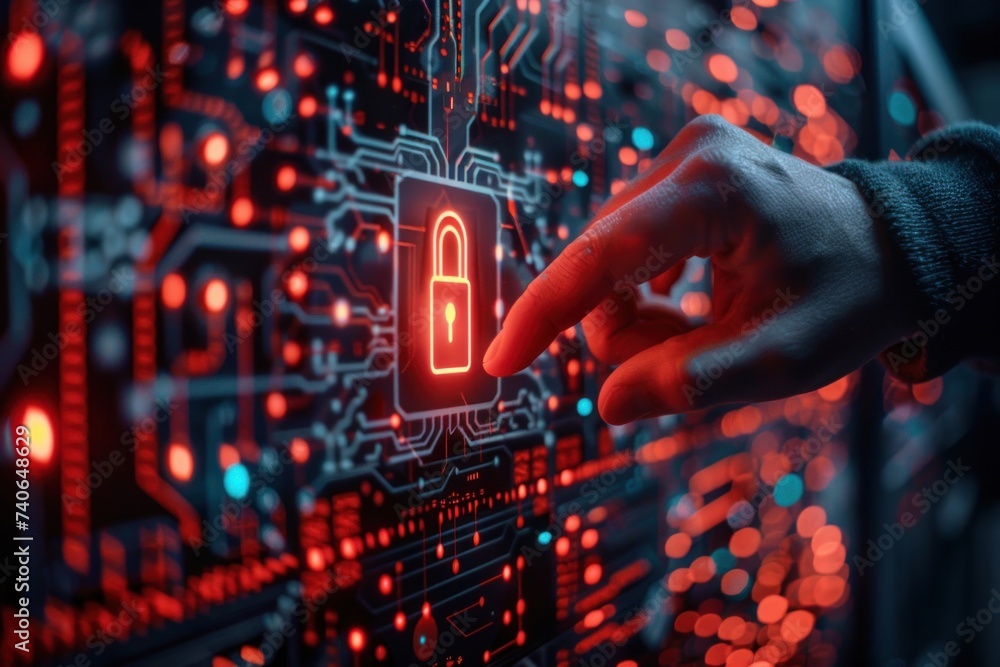 Poster finger touching key icon on circuit board symbolizing advanced security in digital technology concep