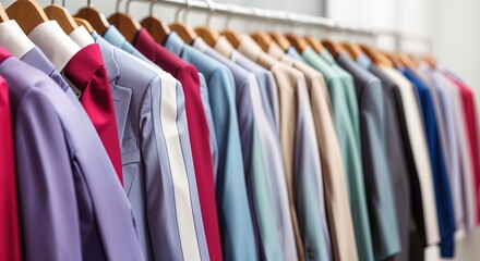 Various colorful bussines suit in a neat row on a white background