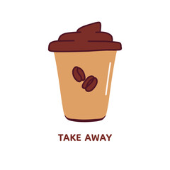 Illustration of coffee takeaway. Cold and hot drinks. Craft glass, cup with cover. Osolated on white background.