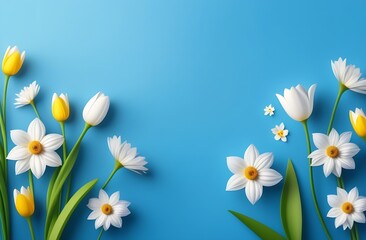 Top view image of white and blue dry flowers over pastel background .Flat lay