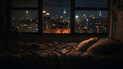 
A photo capturing the nighttime view of a cityscape through a bedroom window, with a person sleeping peacefully.