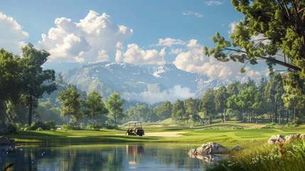   panoramic view of a sprawling golf course, with manicured fairways, lush greens, and distant golfers, showcasing the grandeur of the sport. © Sladjana