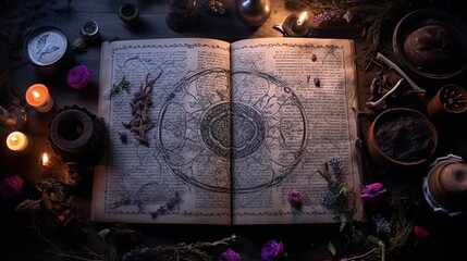 Scenes of a witch's Book of Shadows opened to a spell page, revealing intricate symbols and magical instructions.