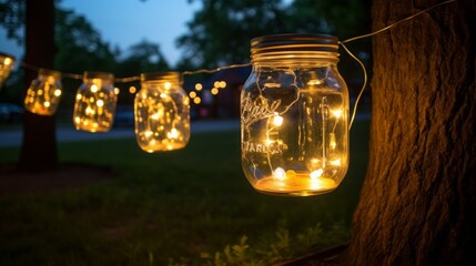 
Outdoor evening scene with DIY mason jar lanterns illuminating a backyard,