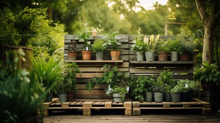 Fototapeta na wymiar Outdoor garden scene with plants in repurposed wooden pallets