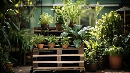 
Outdoor garden scene with plants in repurposed wooden pallets