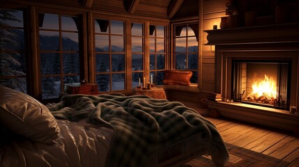 Scenes of a cozy bed in a winter cabin, with a roaring fireplace, creating a warm and inviting sleep environment.	