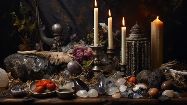  Scenes of a witch's altar adorned with elemental representations, such as crystals, feathers, candles, and seashells