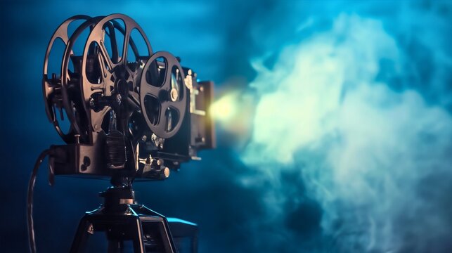 Old, retro and vintage movie or film screen bright light projector equipment with smoke. Cinema or theater antique technology, cinematography entertainment show indoors. Television industry