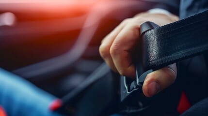 Man fastening a black seat belt with his hand, driver transportation safety and prevention, seat belt buckle before the ride, car interior, cautious male person respecting the rule of the law.  - obrazy, fototapety, plakaty