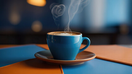 Creative coffee concept in blue and orange colors. Cup of coffee on a creative background. - obrazy, fototapety, plakaty