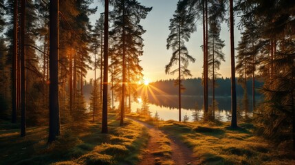 Beautiful sunset against the backdrop of a lake and forest