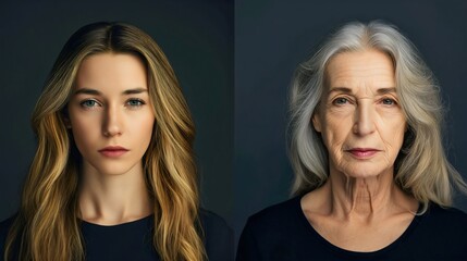 Aging process concept. On the left half is the beautiful young woman with brunette hair and smooth skin. On the right side is a senior old aged woman or grandma with gray hair and wrinkled skin