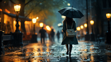 A girl walks down the street with an umbrella in rainy weather. Bokeh effect. AI generative