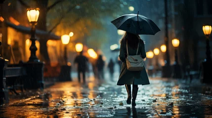 Fotobehang A girl walks down the street with an umbrella in rainy weather. Bokeh effect. AI generative © sdmin_d
