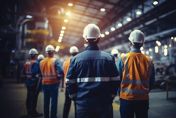 Back view of a team of engineers or workers checking construction structure of factory warehouse with steel roof structure and machine installation.