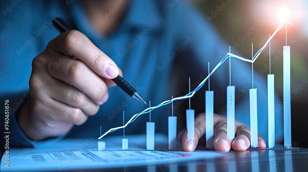 Poster business professional analyzing financial data on interactive display, business analytics and growth
