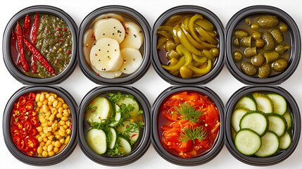 Marinated pickled cucumbers collection cut out on white background, Generative Ai. Freshly preserved crunchy cucumbers, perfect for culinary projects and food presentations.

