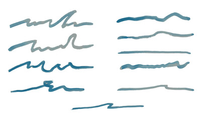 Grunge blue underline elements. Set of hand drawn blue pencil lines and brush highlight elements note underlines. For presentation, social media vector